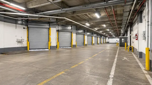 Nave industrial amplia con muelles y espacios flexibles de almacenamiento.